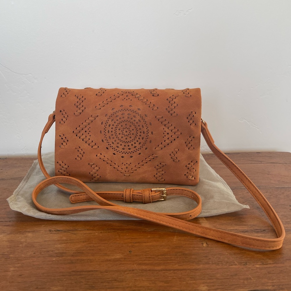 Lucky Brand EUC crossbody bag vegan suede cognac cuttout woven handbag
